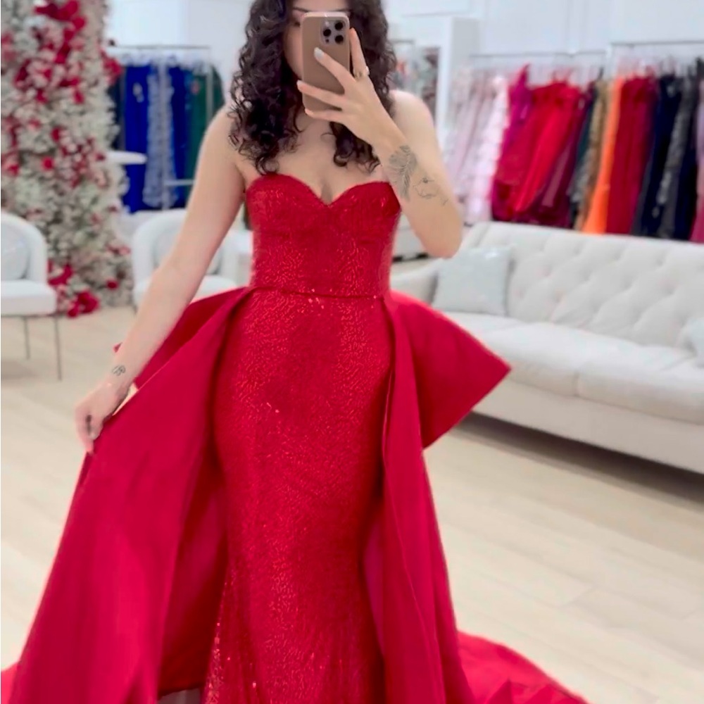 Strapless Red Evening Pageant Prom Dress overskirt and bow